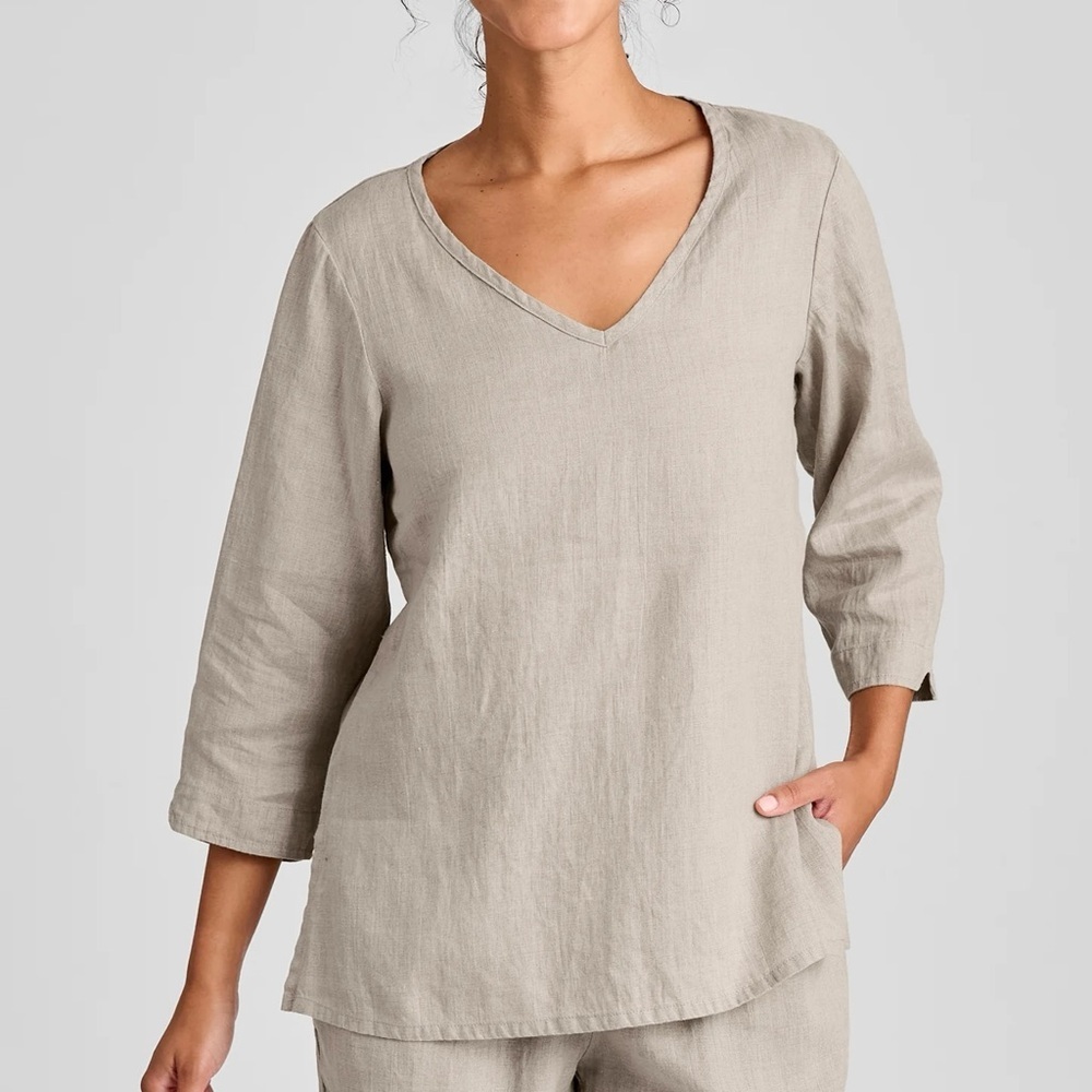 FLAX V Pullover White Linen 3/4‎ Length Sleeve Women's Shirt Size 4
